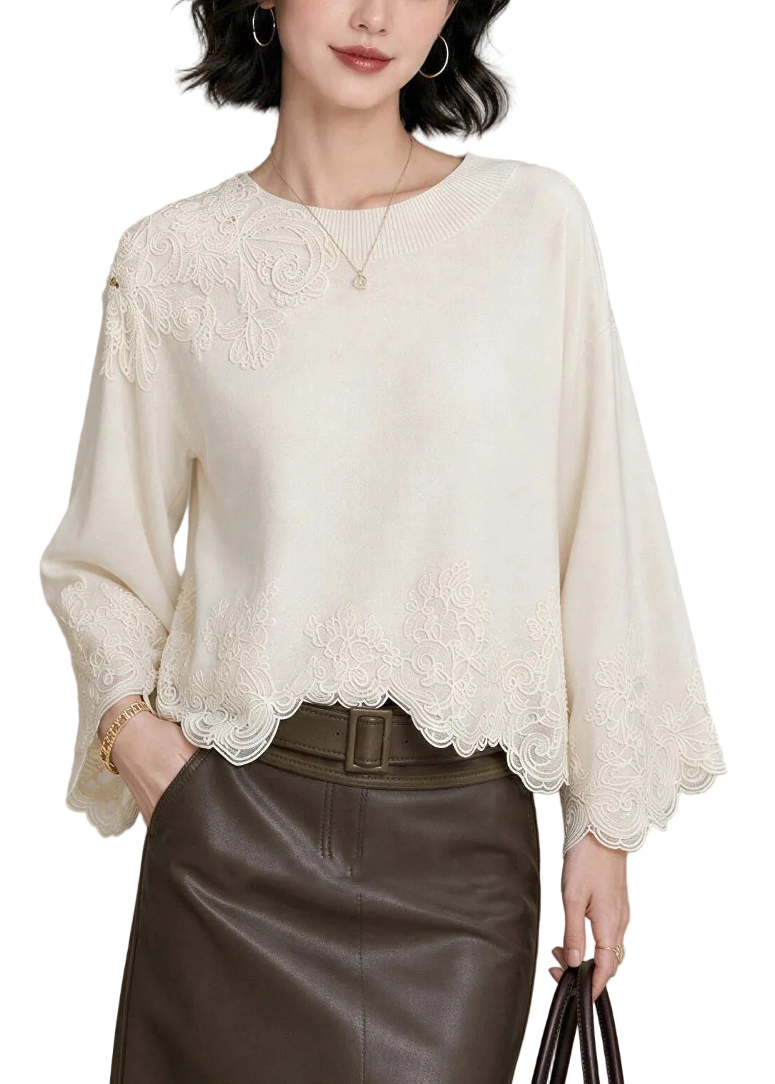 Femme Haut Patchwork Dentelle Brodée Automne 0