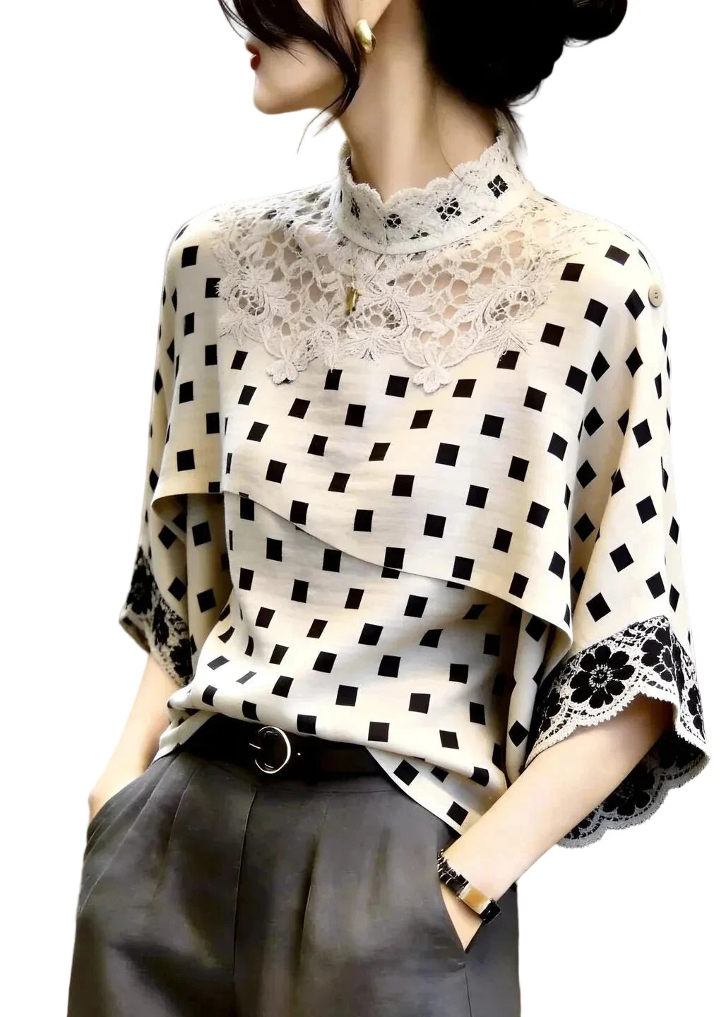 Femme Haut à Col Montant Patchwork Dentelle Manches Trois-Quarts 0