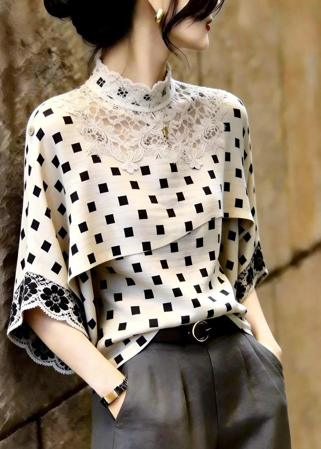 Femme Haut à Col Montant Patchwork Dentelle Manches Trois-Quarts 2