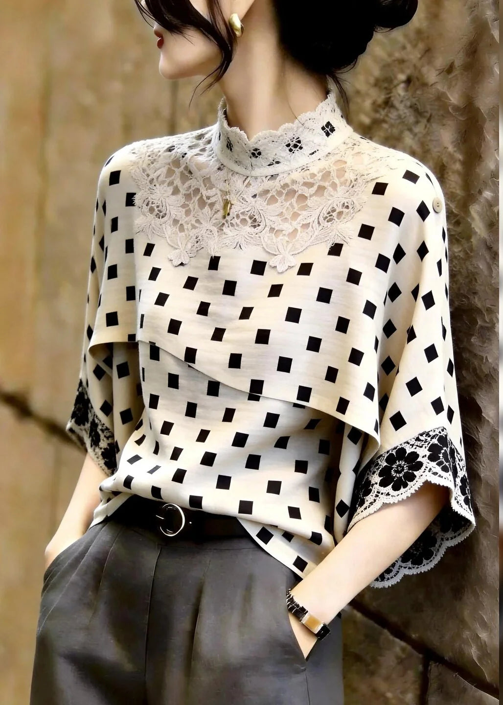 Femme Haut à Col Montant Patchwork Dentelle Manches Trois-Quarts 4