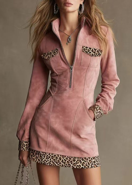 Femme Robe Deux Pièces Patchwork Léopard Col Montant Automne 1
