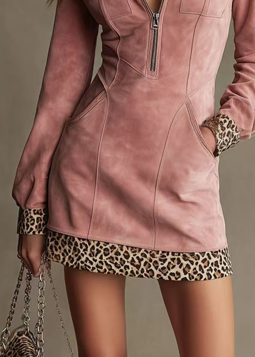 Femme Robe Deux Pièces Patchwork Léopard Col Montant Automne 3