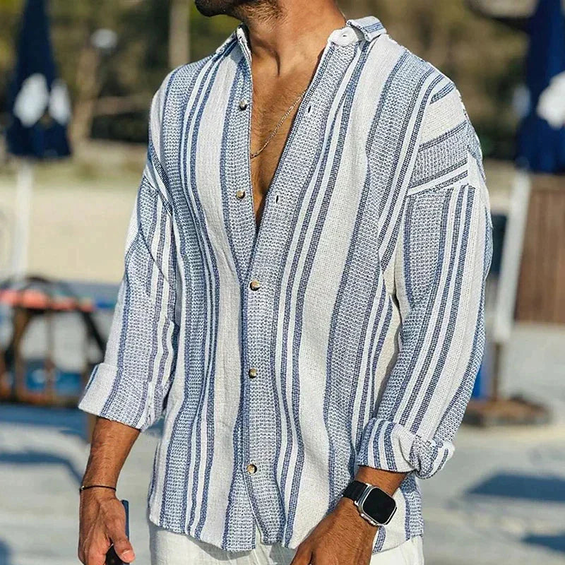 Chemise Homme Rayée en Lin Confortable et Élégante-1