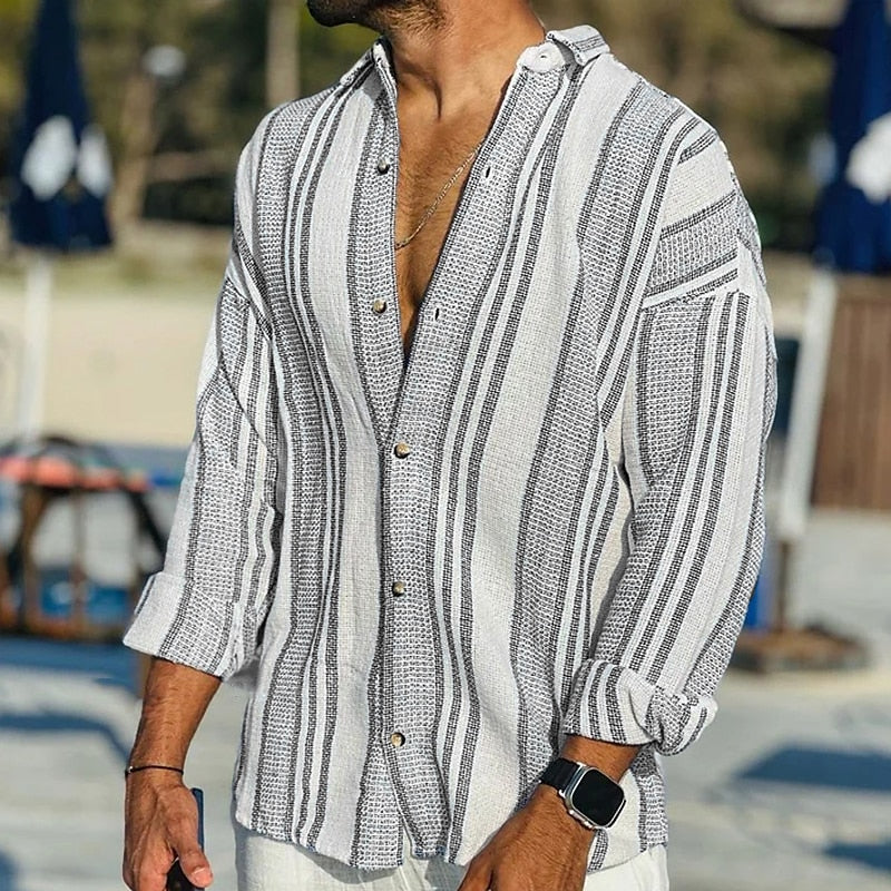 Variant image for Chemise Homme Rayée en Lin Confortable et Élégante-17