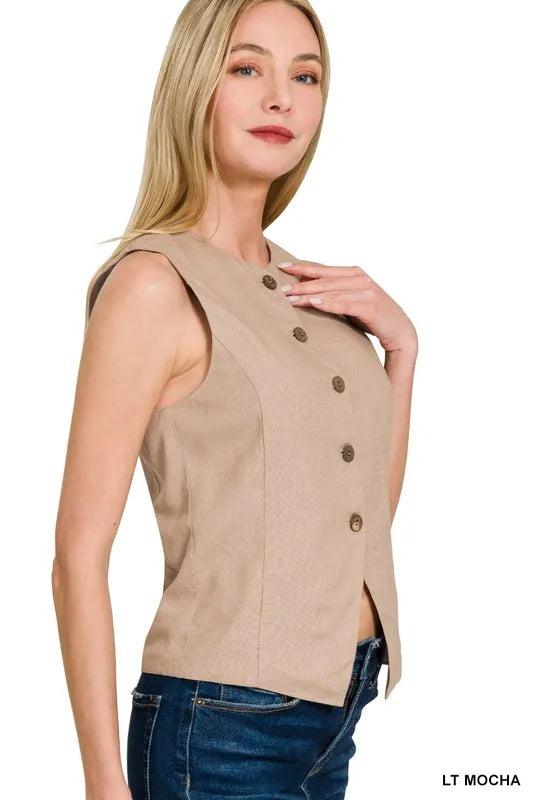 Gilet Femme Boutonné en Lin Respirant pour Printemps Été 2