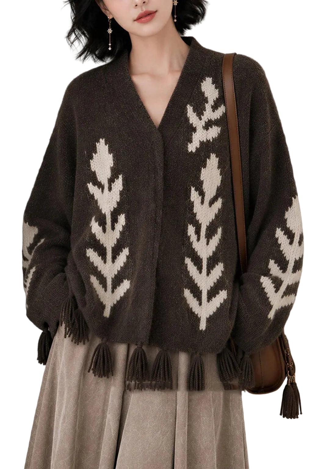 Gilet Femme Col V Imprimé Décontracté avec Pompons Automnal 0