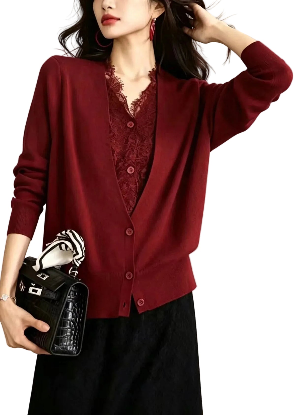 Gilet Femme Col V avec Empiècements en Dentelle Automnal 0
