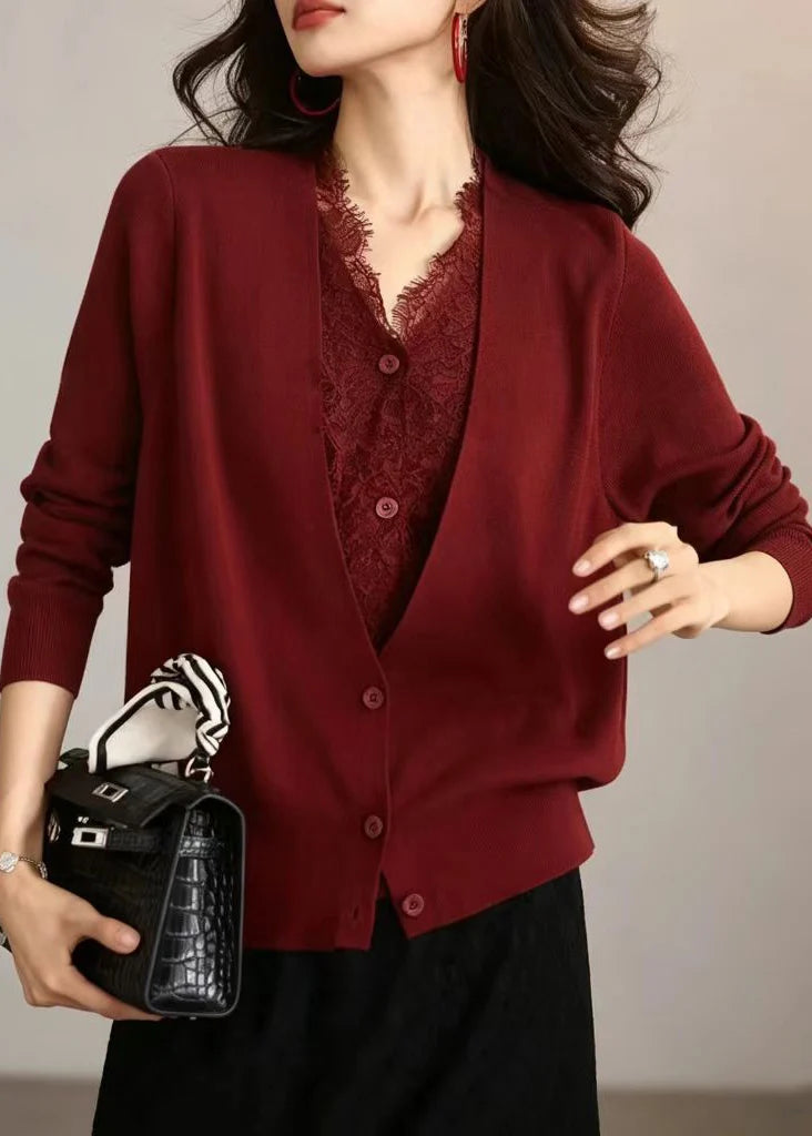Gilet Femme Col V avec Empiècements en Dentelle Automnal 2