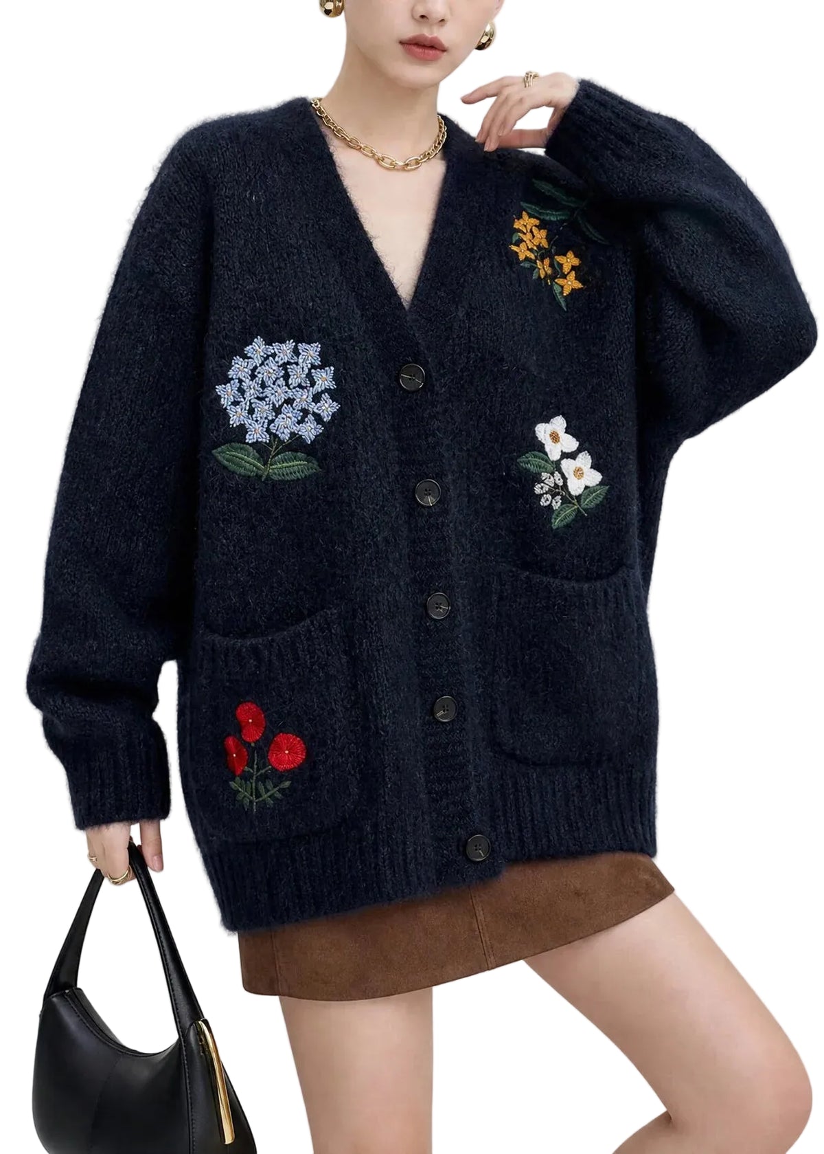 Gilet Femme Col V avec Poches Brodées Style Automnal 0