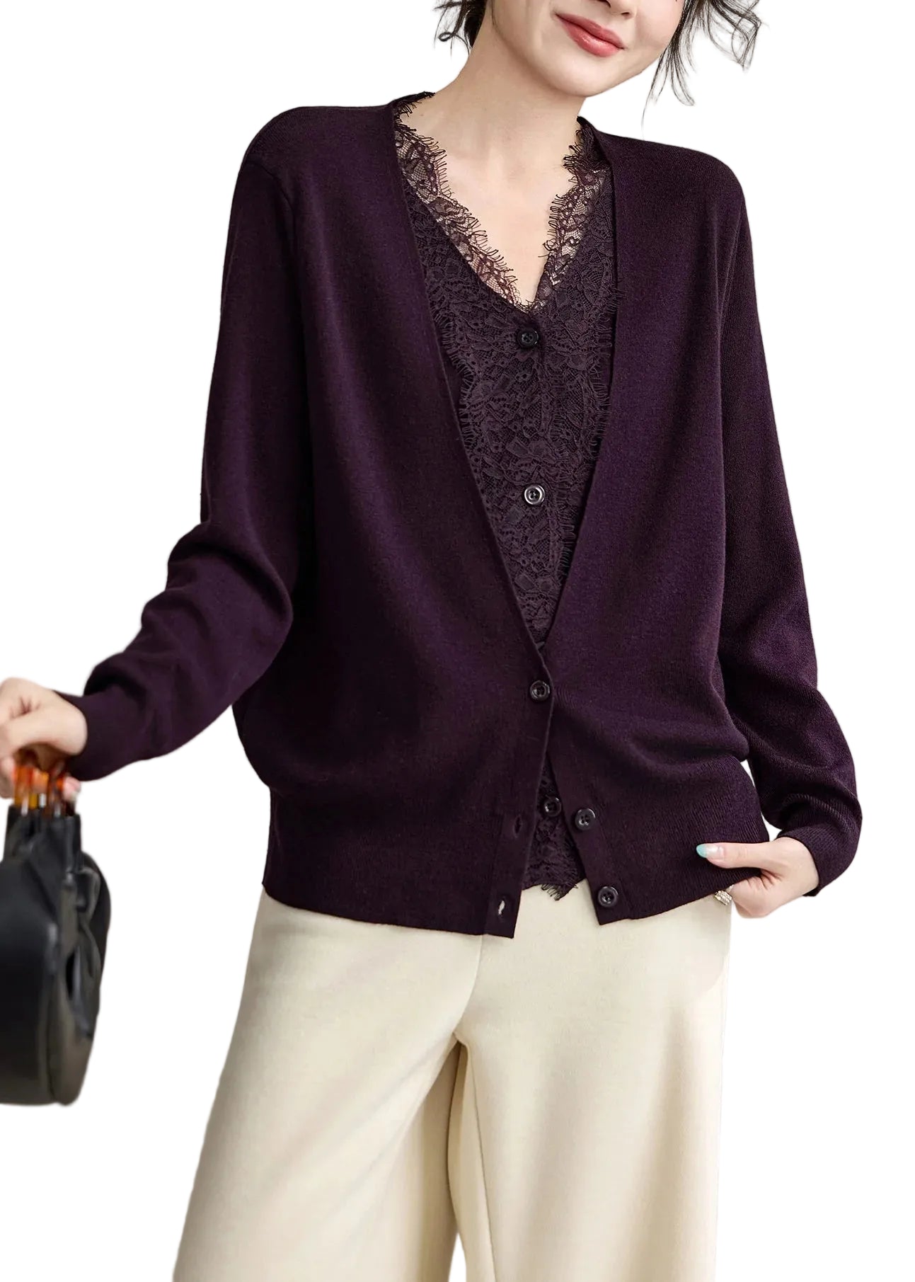 Gilet Femme Patchwork Dentelle Col V Automne 0