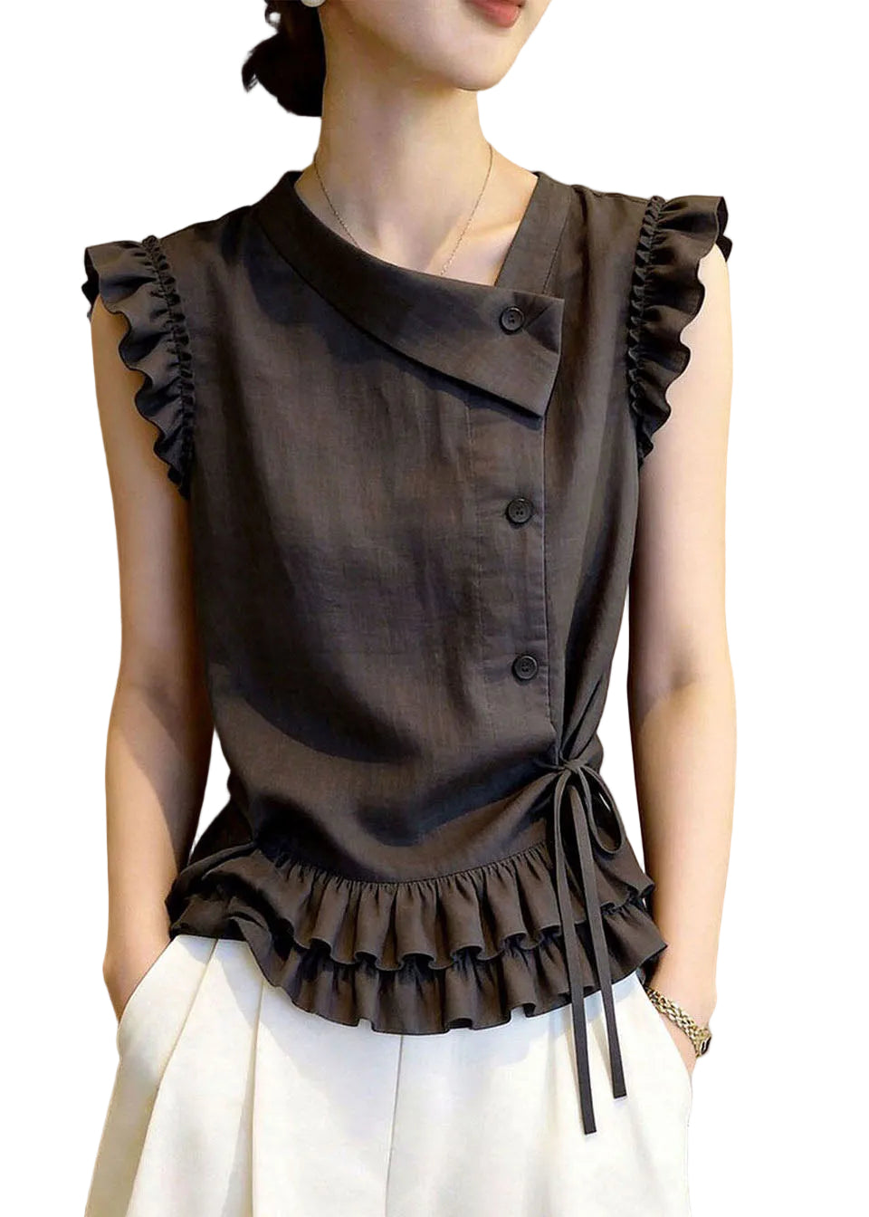 Gilet Femme Sans Manches à Volants et Lacets Style Chic 0