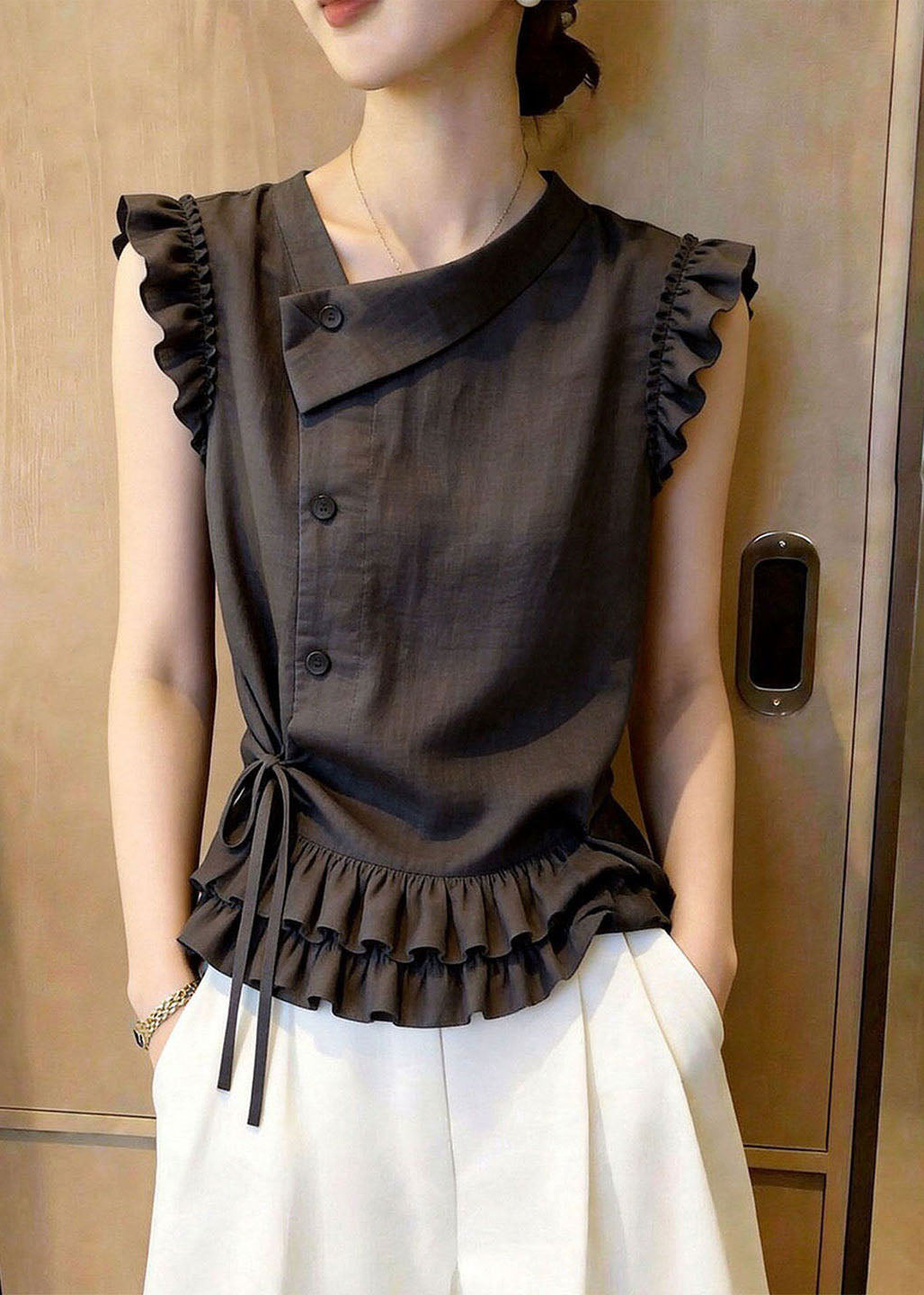 Gilet Femme Sans Manches à Volants et Lacets Style Chic 2