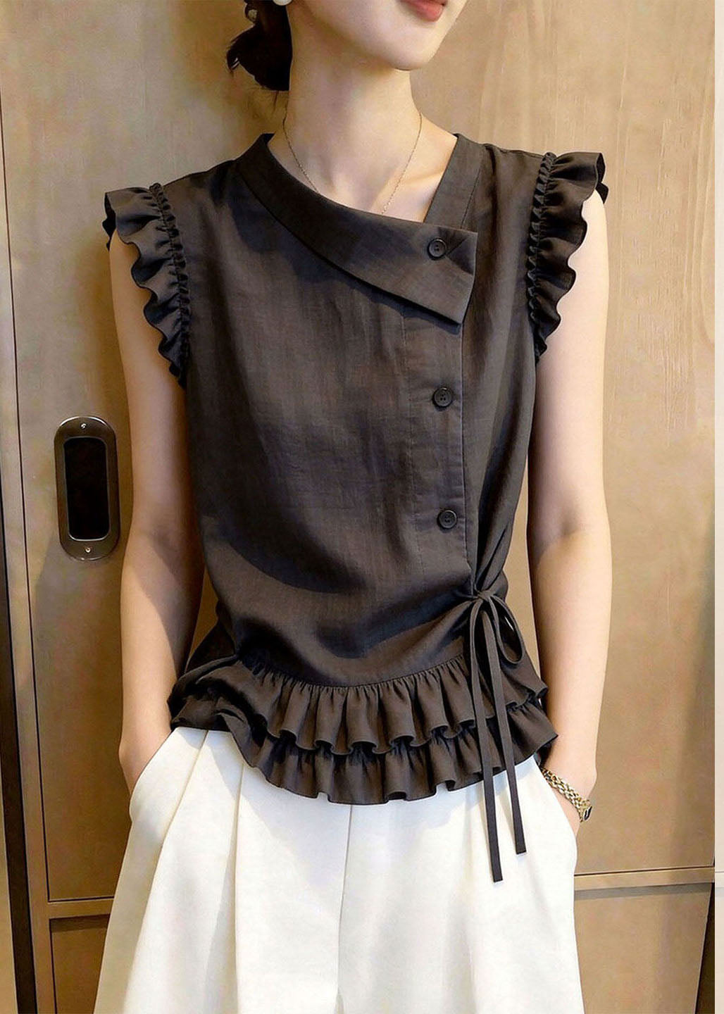 Gilet Femme Sans Manches à Volants et Lacets Style Chic 4