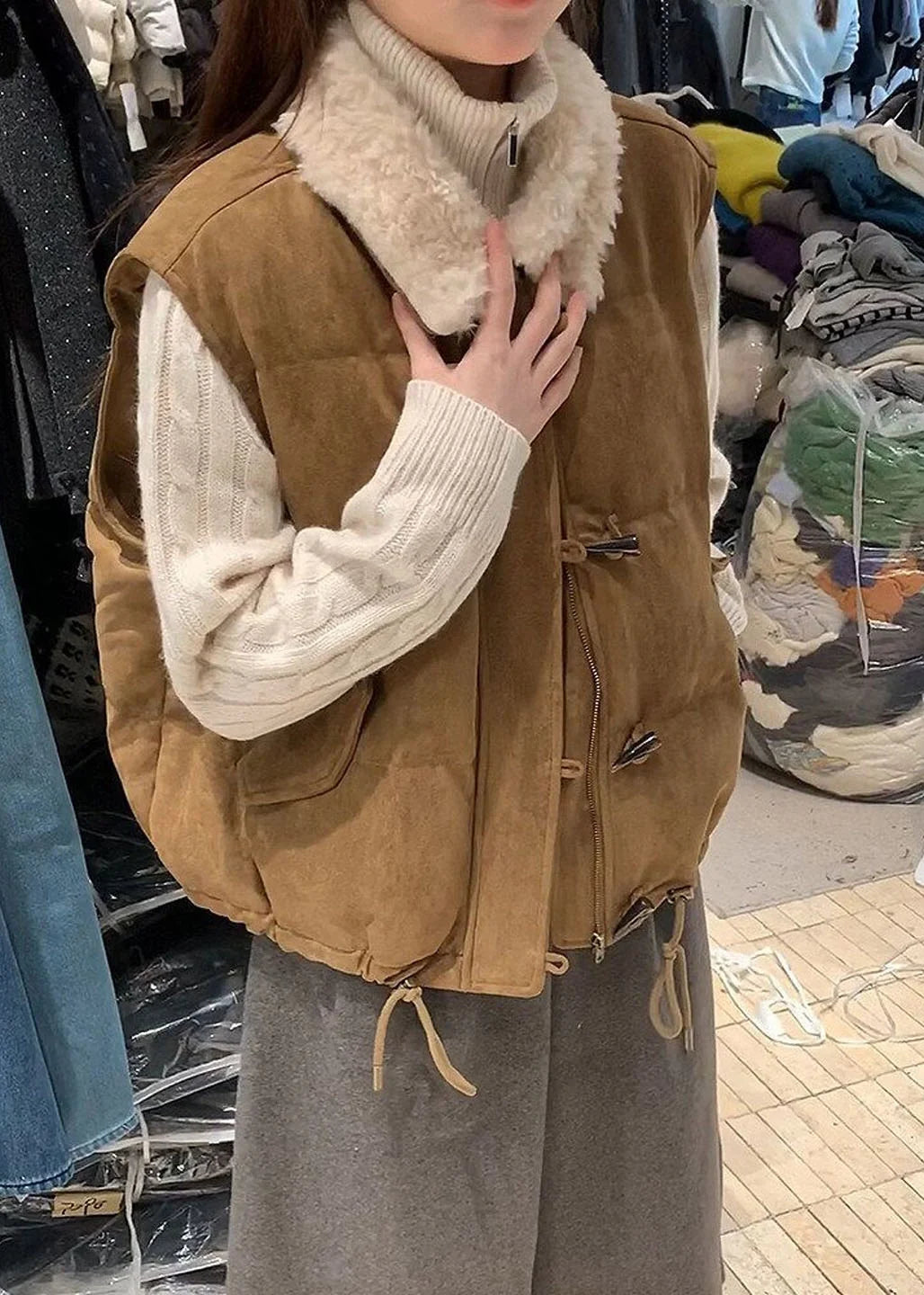 Gilet Femme Style Bohème Hiver Col Fourrure Cordon Serrage 0