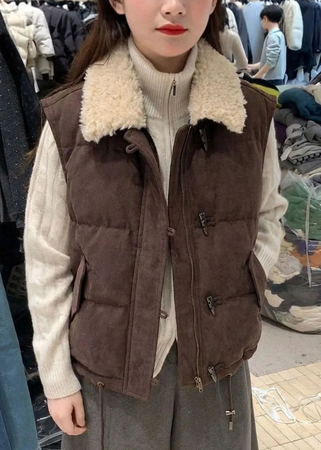 Gilet Femme Style Bohème Hiver Col Fourrure Cordon Serrage 2