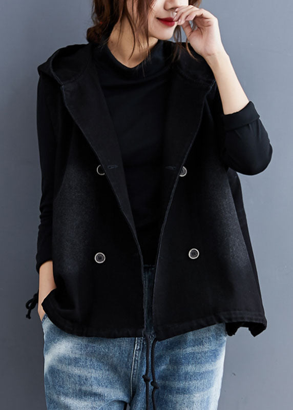 Gilet Sans Manche Femme Denim Noir À Capuche Casual 1