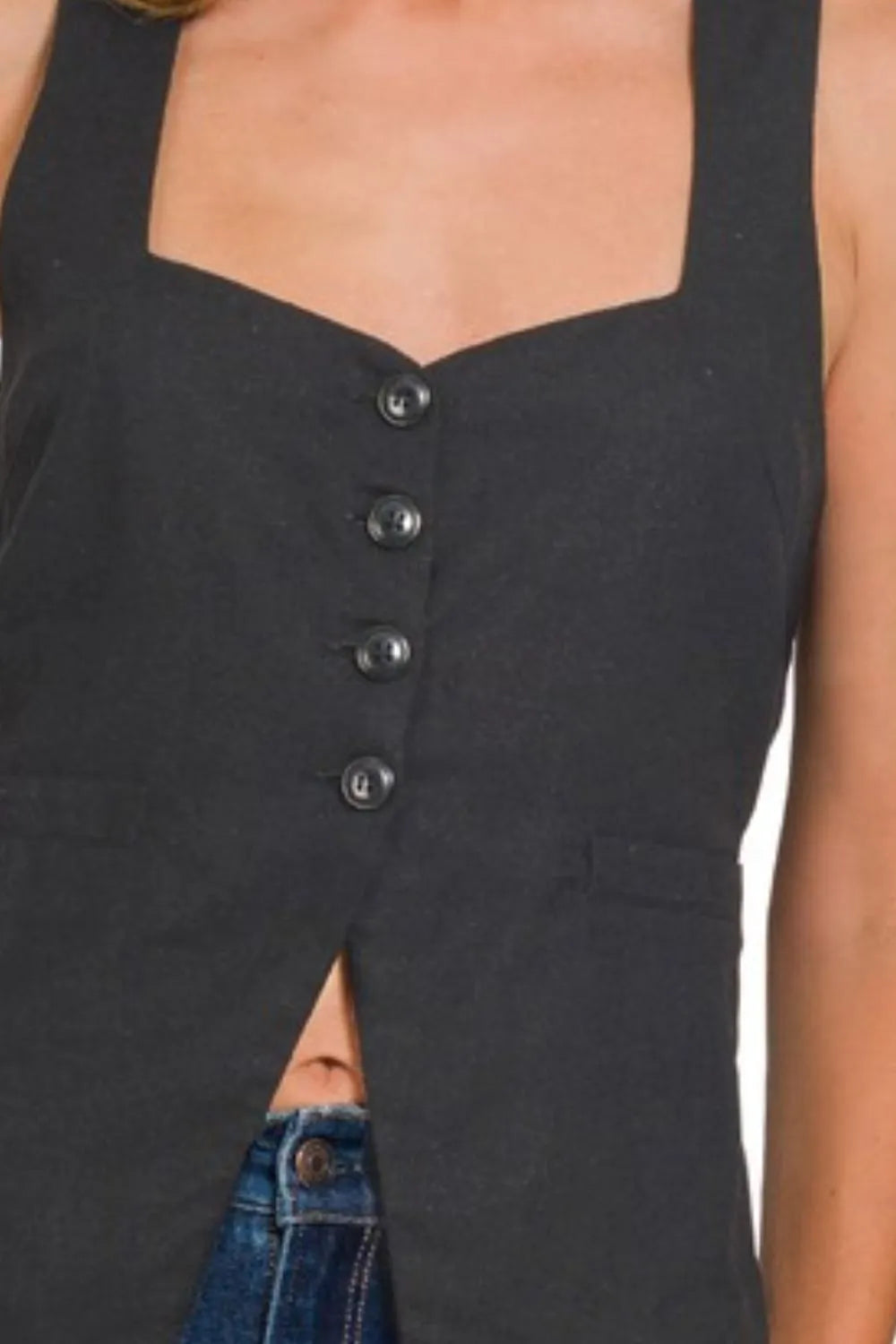 Gilet Sans Manche Femme en Lin à Dos Noué et 4 Boutons 2