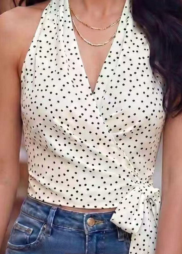 Gilet de Plage Femme À Pois Blanc Col en V Avec Lacets 4