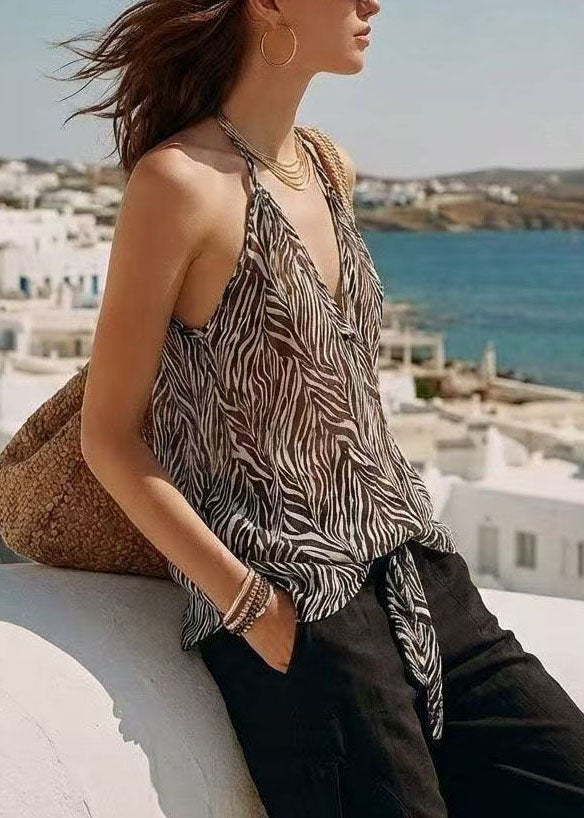 Gilet de plage femme sans manches à col en V avec motif zèbre et lacets 0