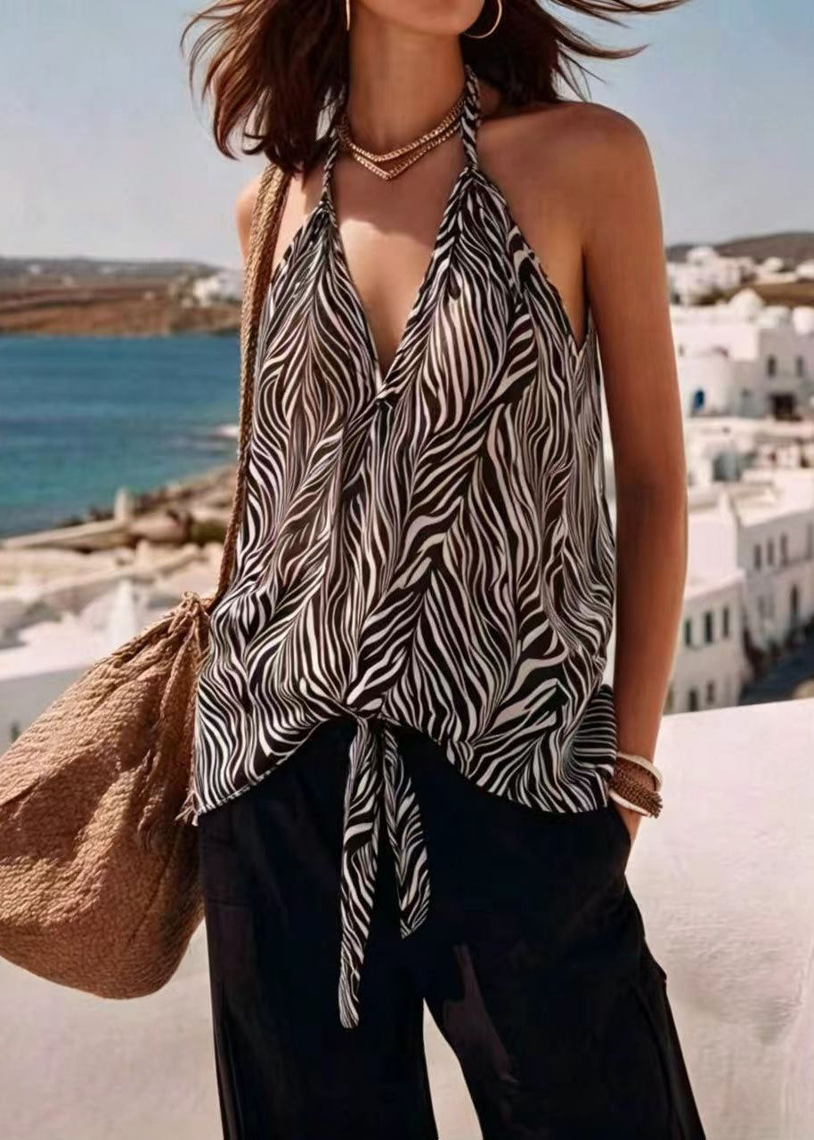 Gilet de plage femme sans manches à col en V avec motif zèbre et lacets 1