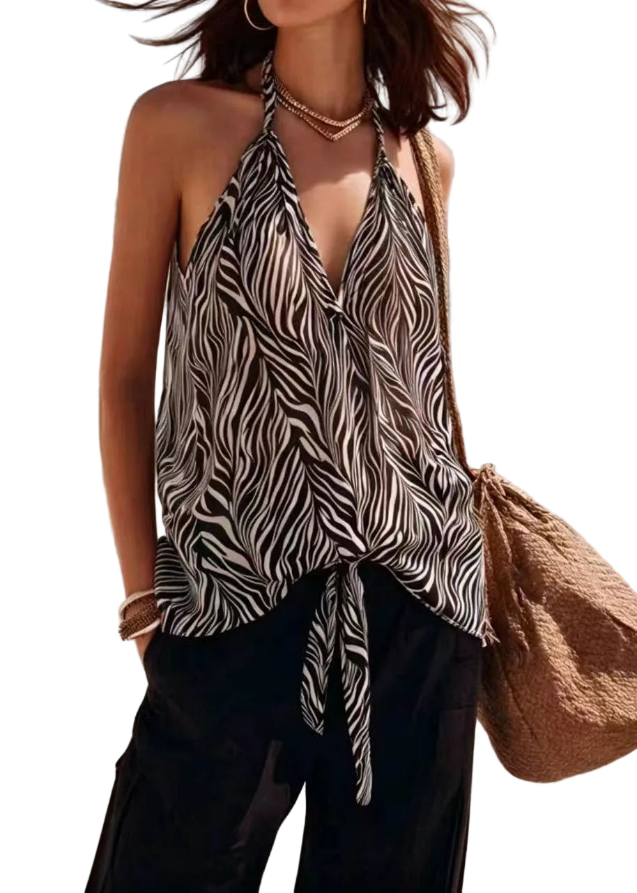 Gilet de plage femme sans manches à col en V avec motif zèbre et lacets 3