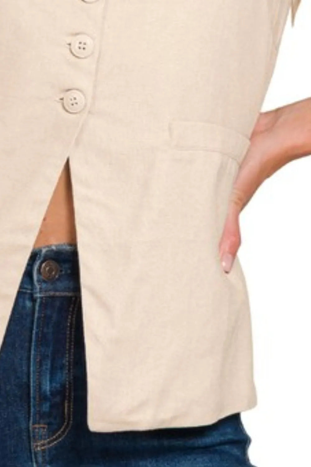 Gilet sans manches en lin à dos noué et 4 boutons 2