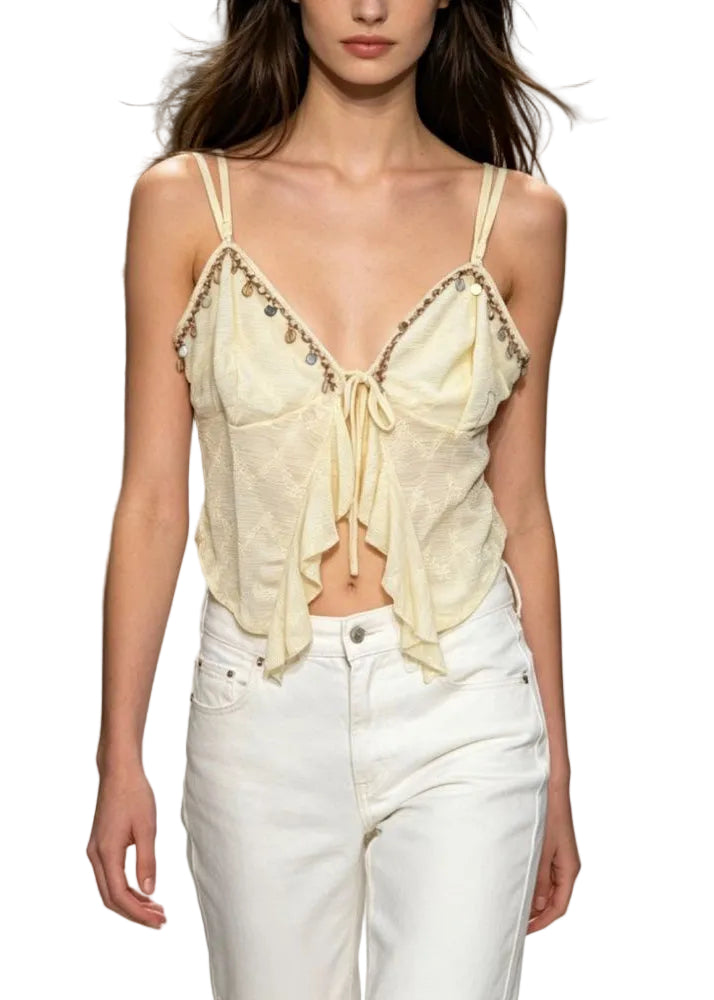 Gilet sans manches femme col en V asymétrique à patchwork et glands 0