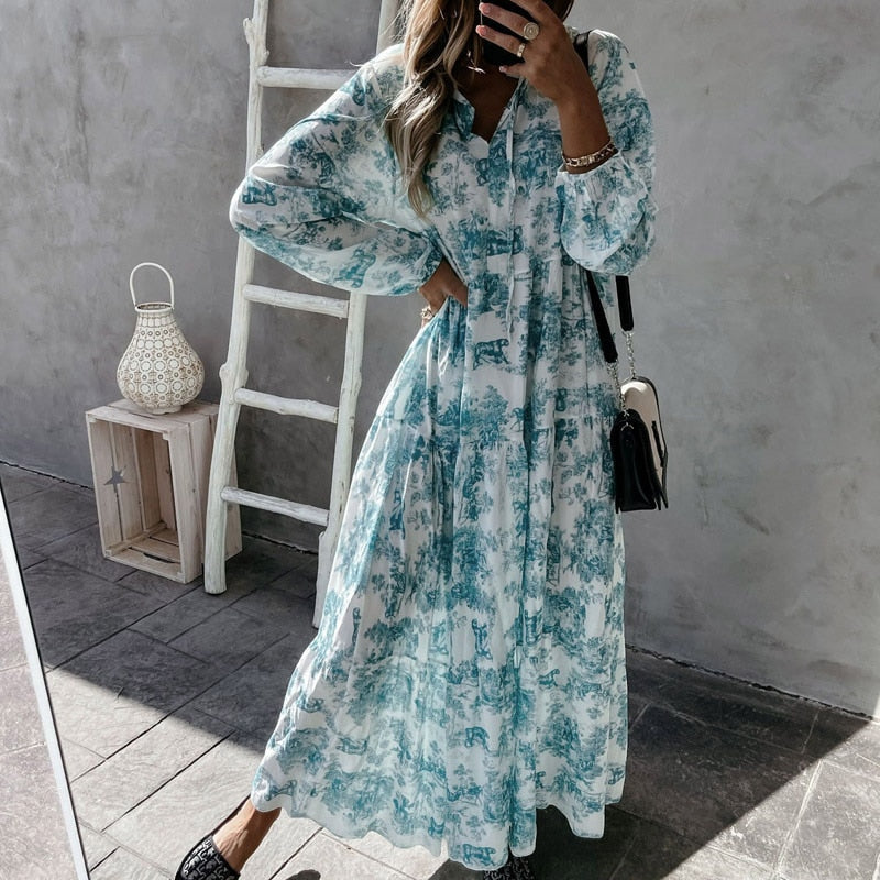 Variant image for Robe Longue Femme Manches Longues Détail Volants Coton Maxi-13