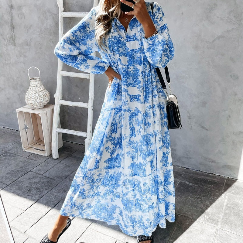 Robe Longue Femme Manches Longues Détail Volants Coton Maxi-1