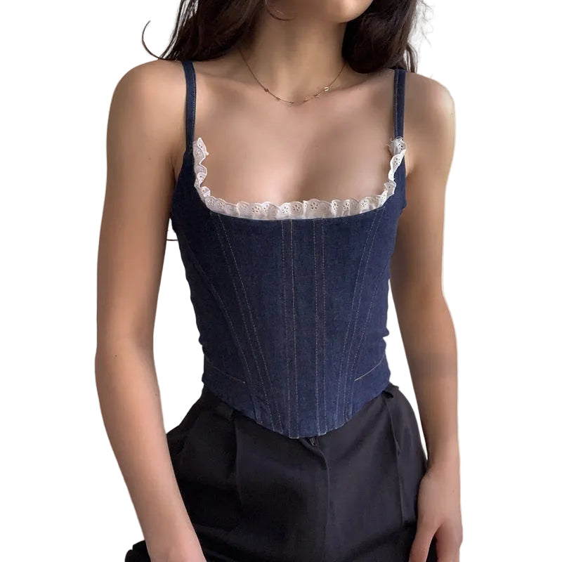 Haut Corset Femme Ajusté Denim Vintage 0