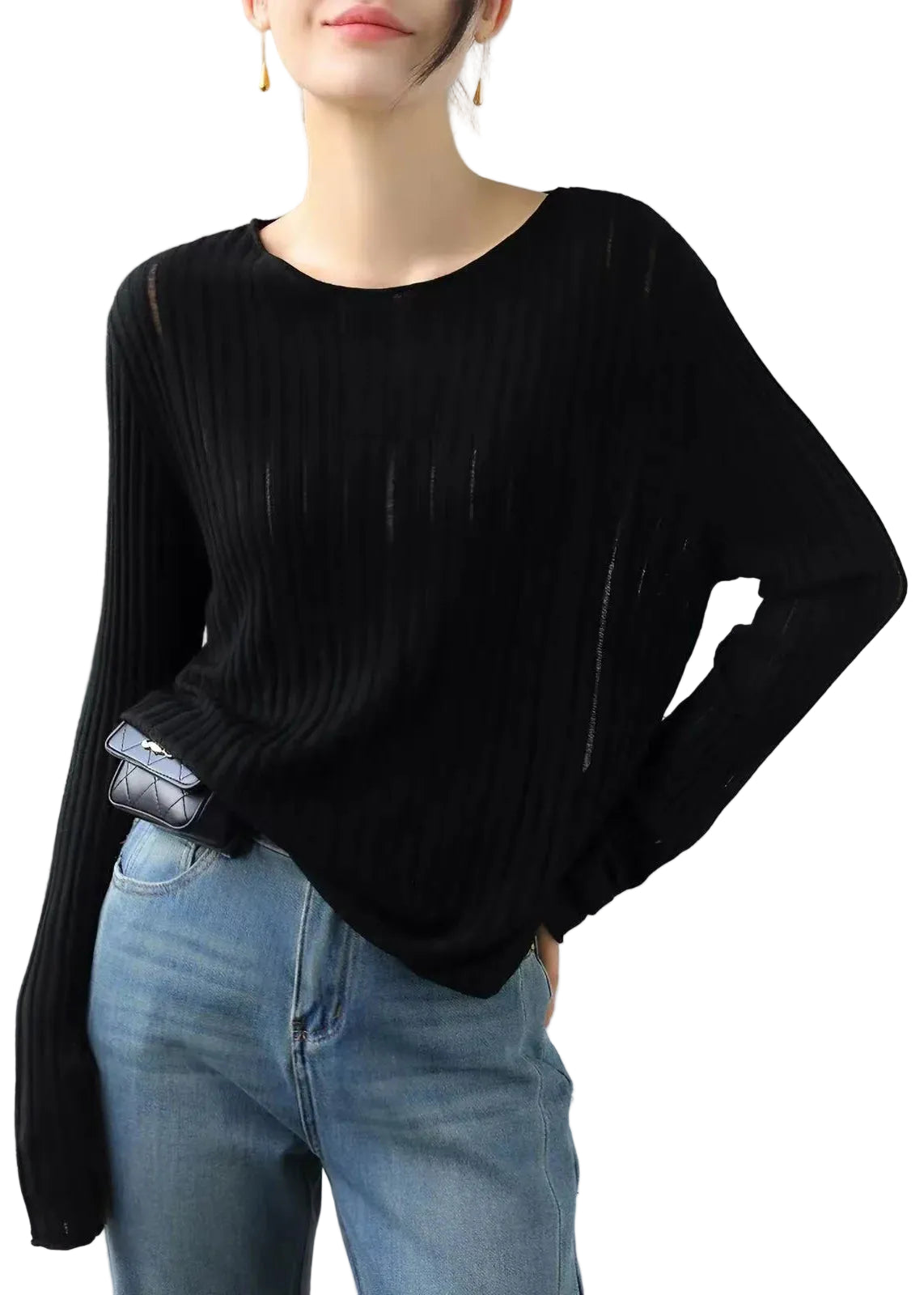 Haut Femme Ajusté Col Rond Maille Côtelée Transparente Automne 0