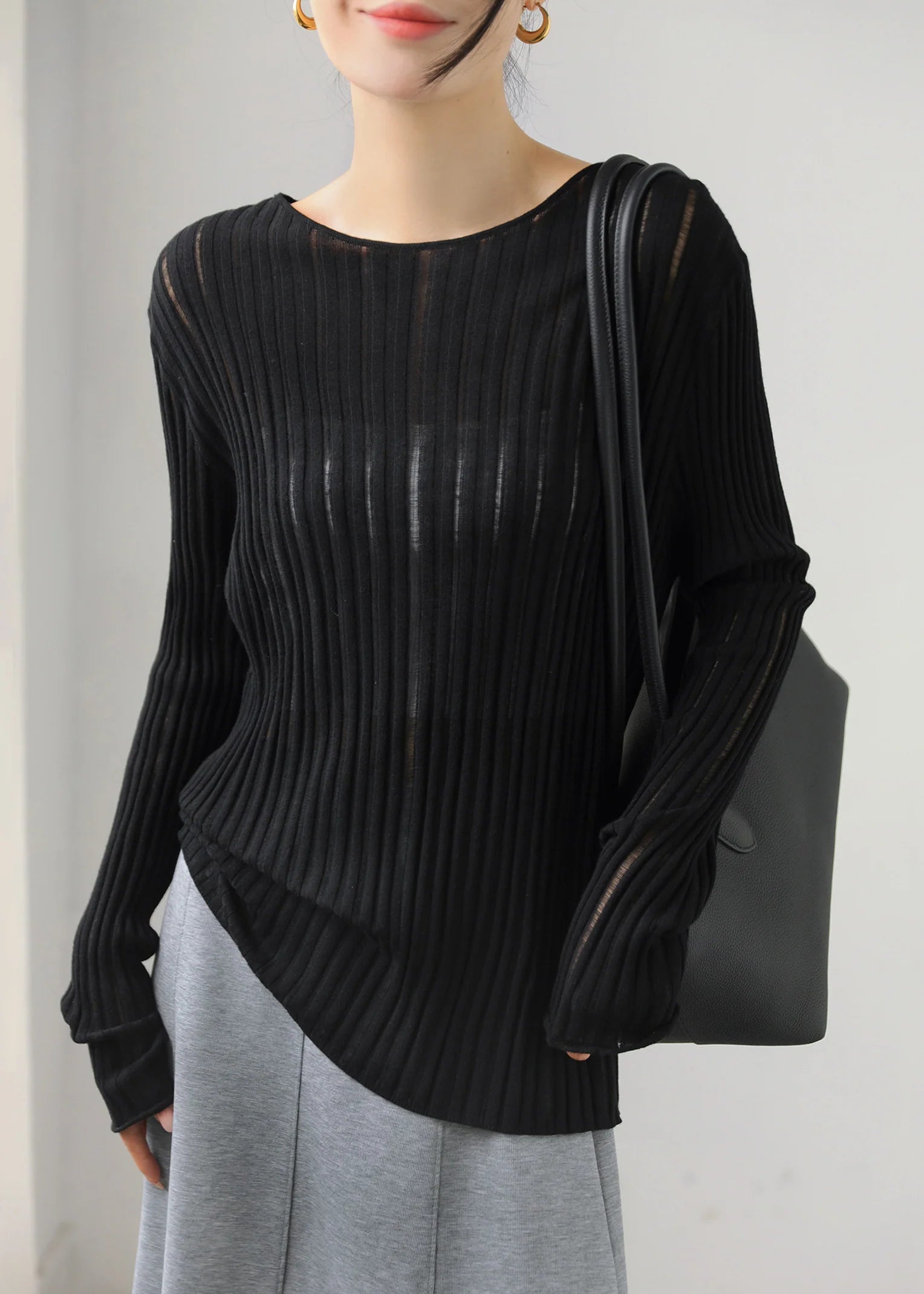 Haut Femme Ajusté Col Rond Maille Côtelée Transparente Automne 2