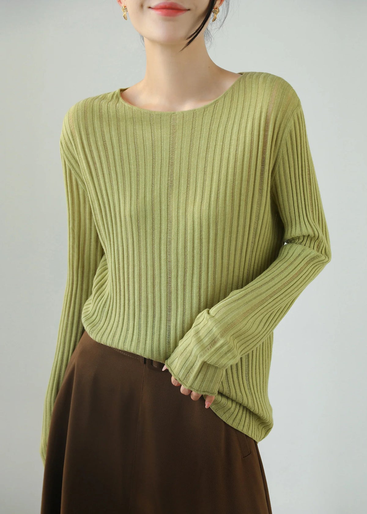 Haut Femme Ajusté Col Rond Maille Côtelée Transparente Automne 3