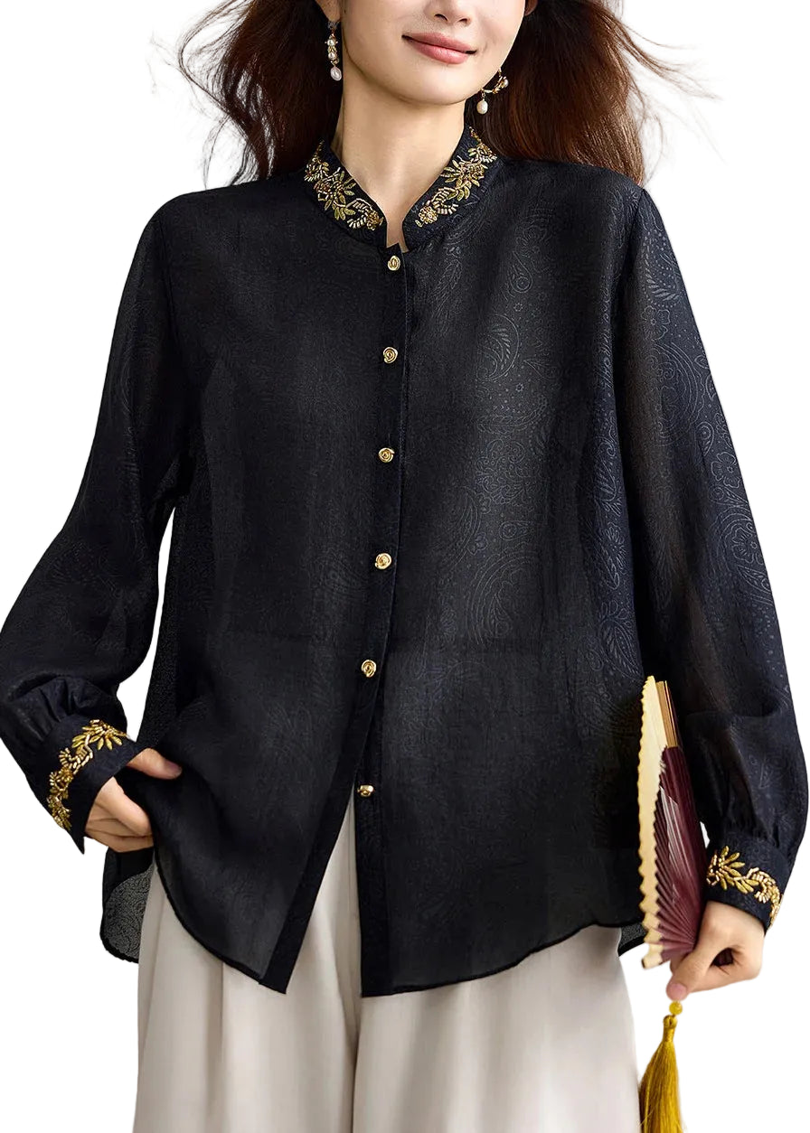 Haut Femme Automnal à Col Mandarin Orné de Perles 0