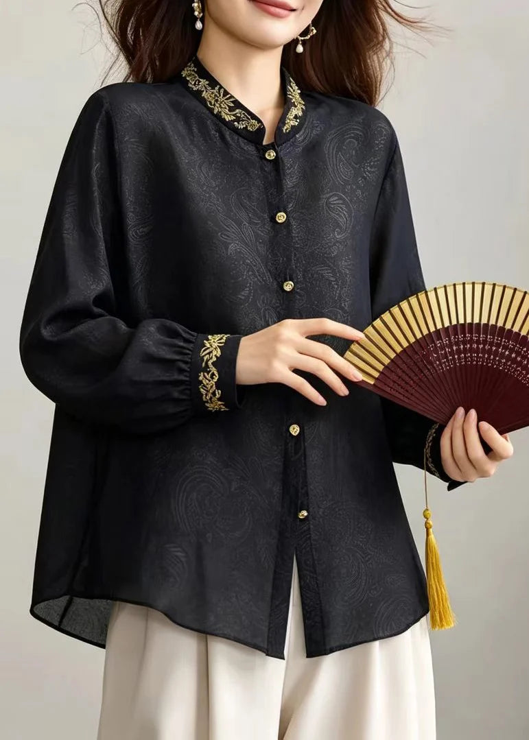 Haut Femme Automnal à Col Mandarin Orné de Perles 2