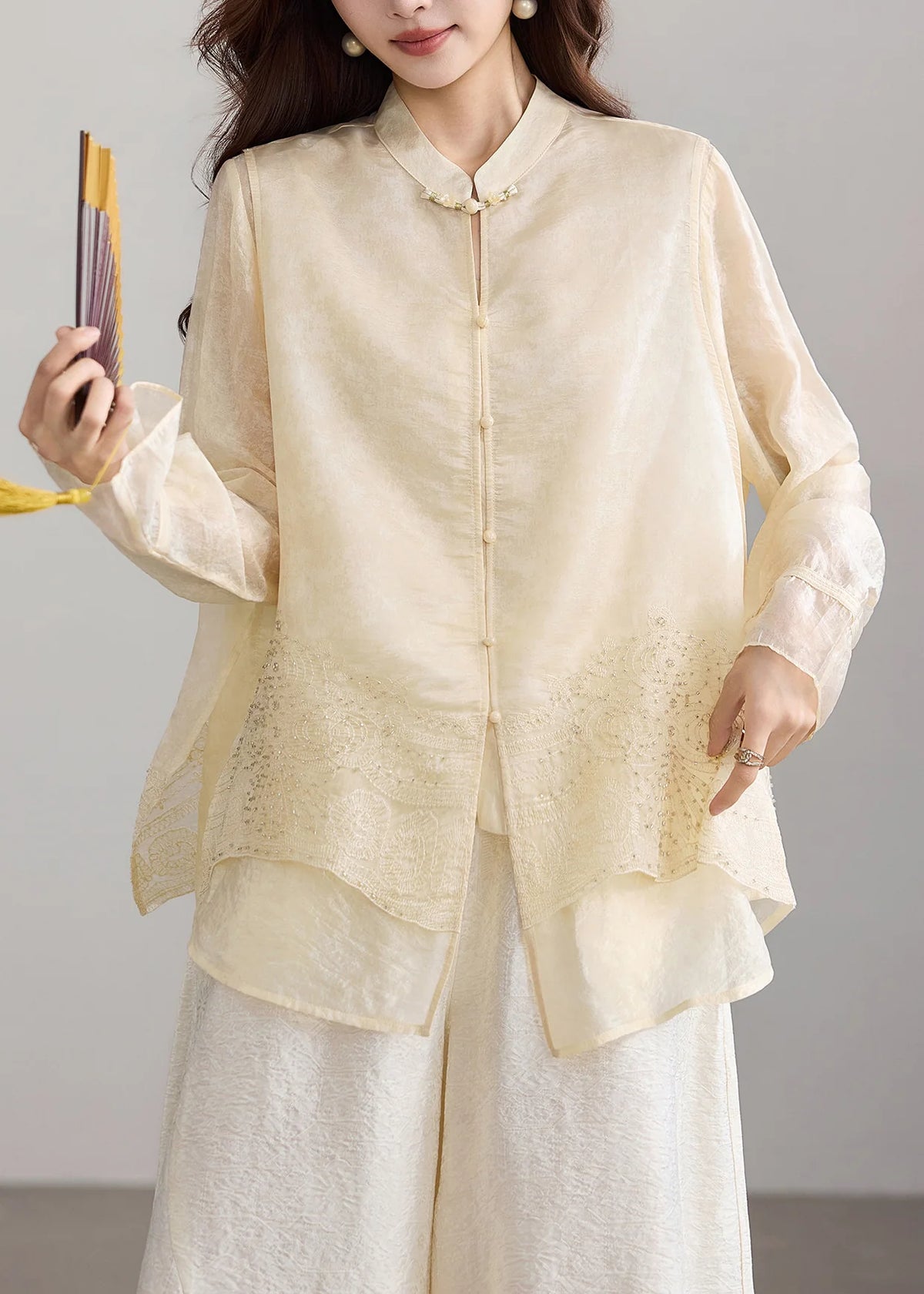 Haut Femme Col Mandarin Manches Longues Style Faux Deux-Pièces 2