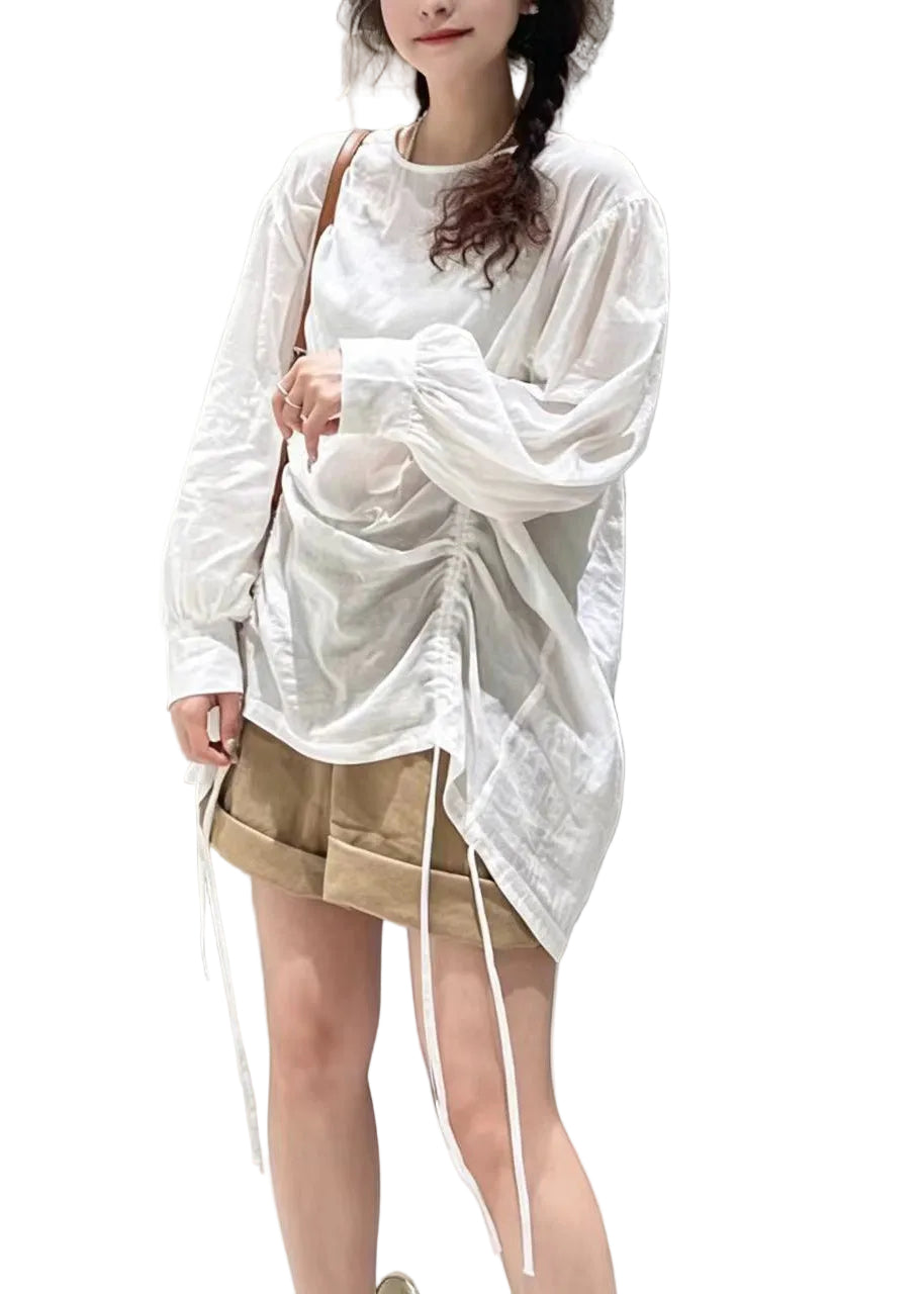 Haut Femme Col Rond Manches Longues avec Cordon de Serrage Ajustable 1