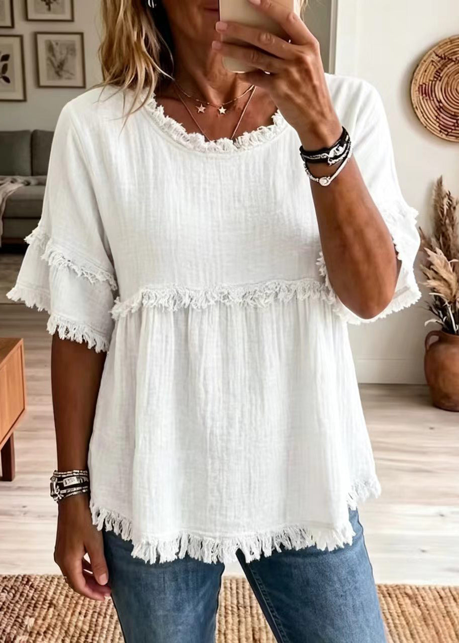 Haut Femme Col Rond Pompon Style Estival 1