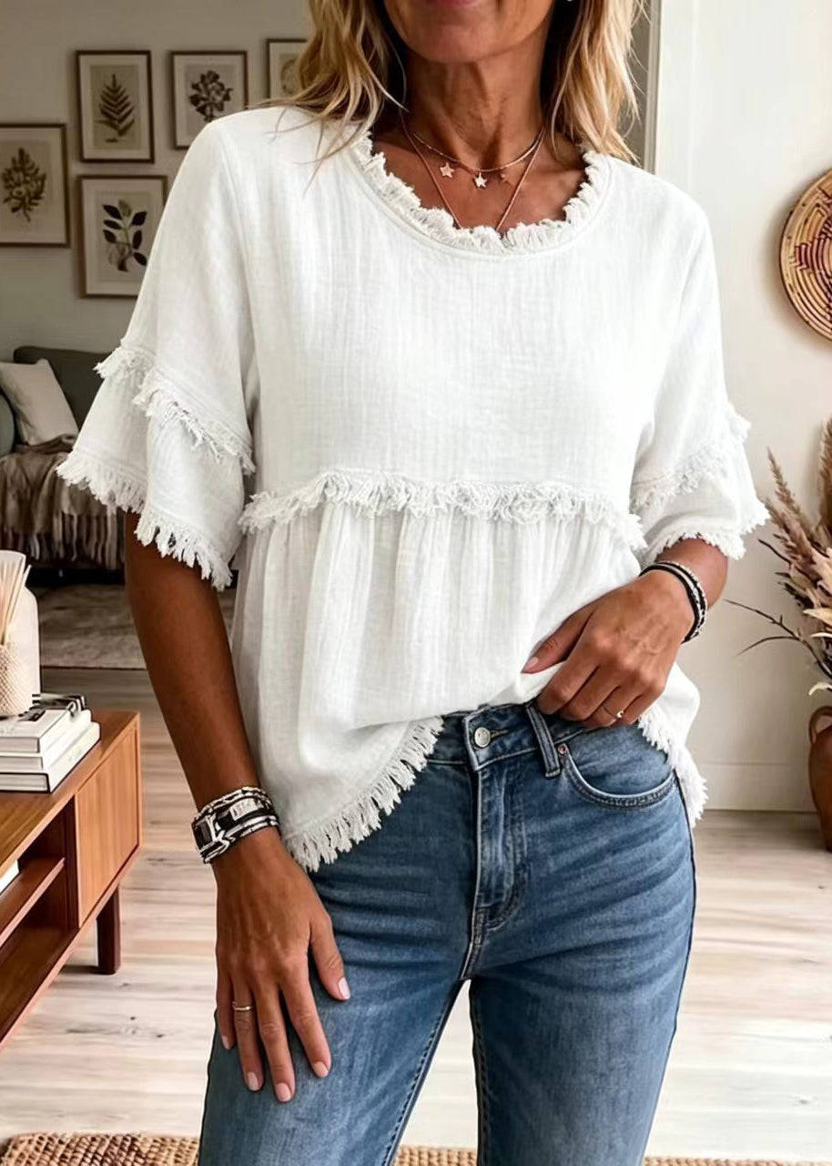 Haut Femme Col Rond Pompon Style Estival 3