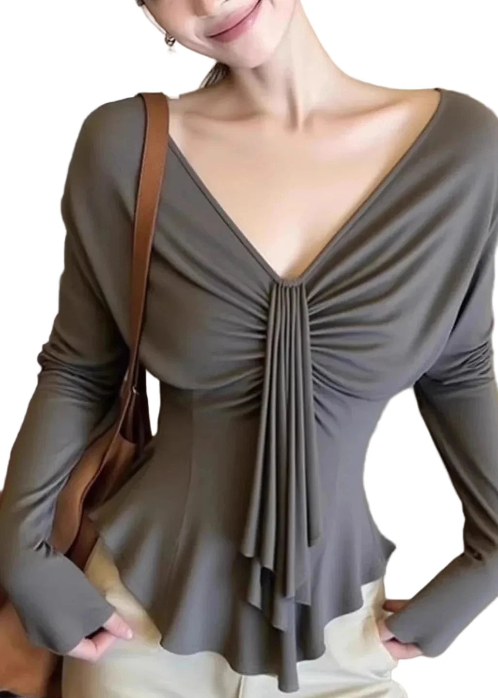 Haut Femme Col V Ceinturé Style Automnal 0