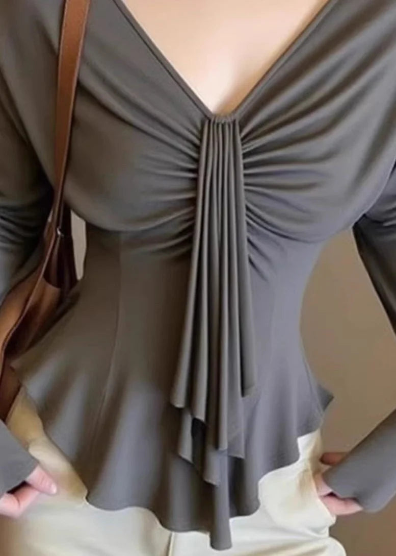 Haut Femme Col V Ceinturé Style Automnal 3