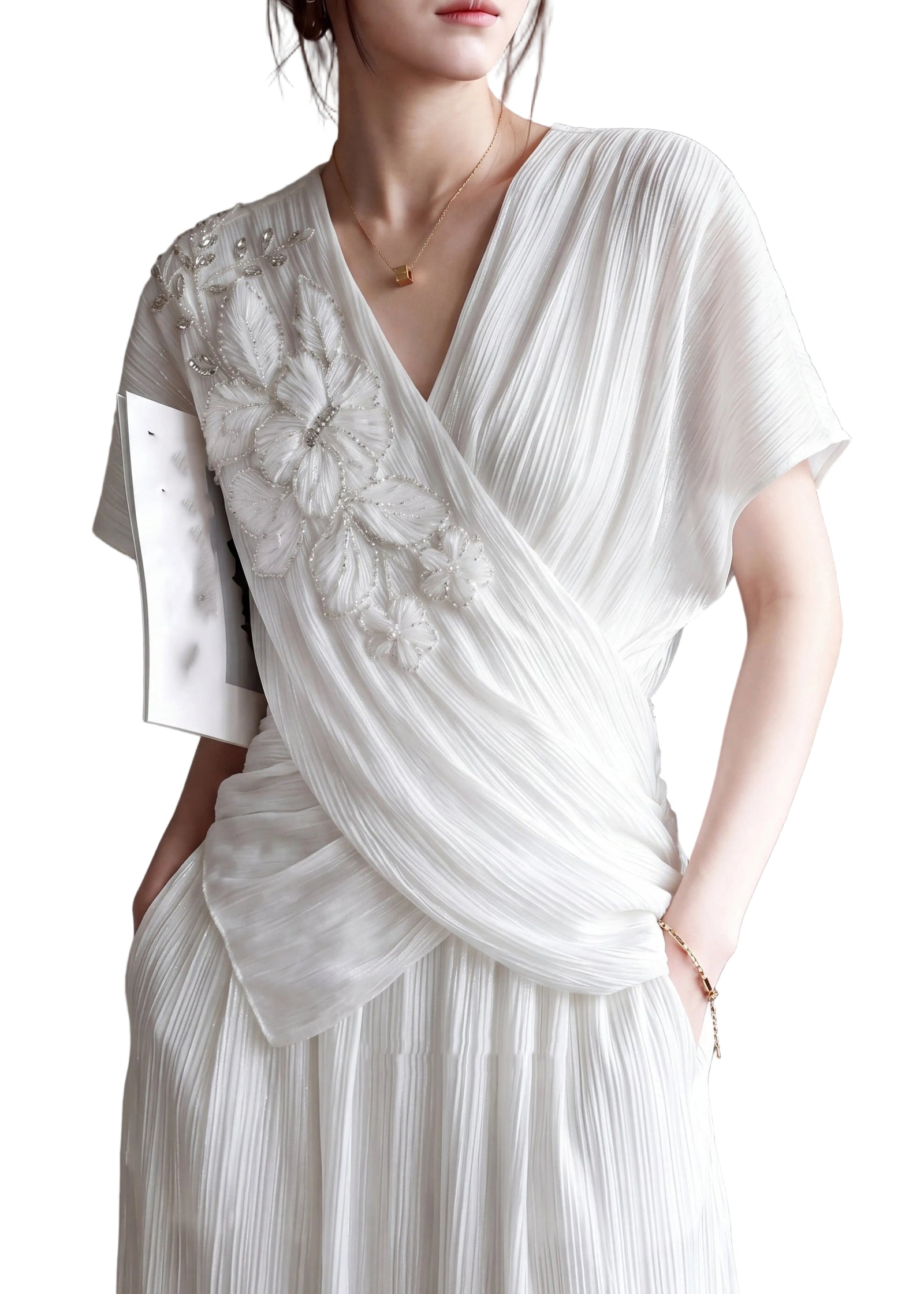 Haut Femme Col en V Orné de Perles Chic 0