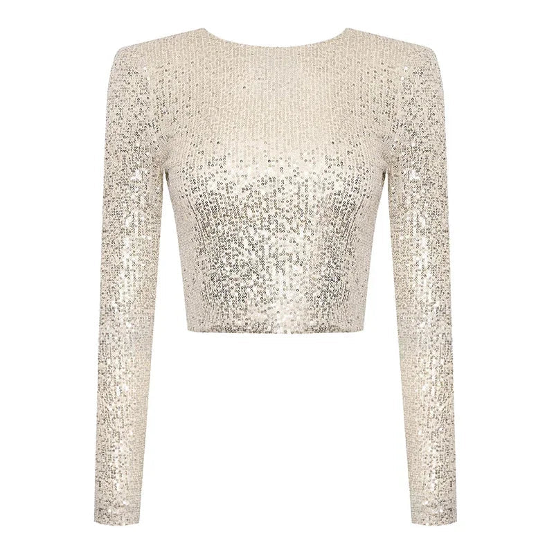 Haut Femme Court Chic à Paillettes Manches Longues 0