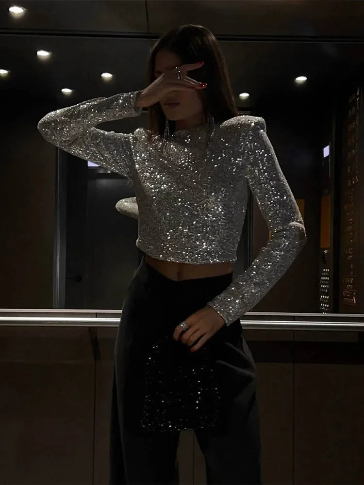 Haut Femme Court Chic à Paillettes Manches Longues 1