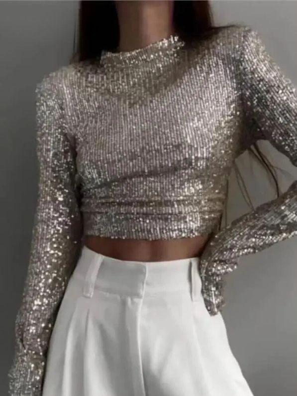 Haut Femme Court Chic à Paillettes Manches Longues 2