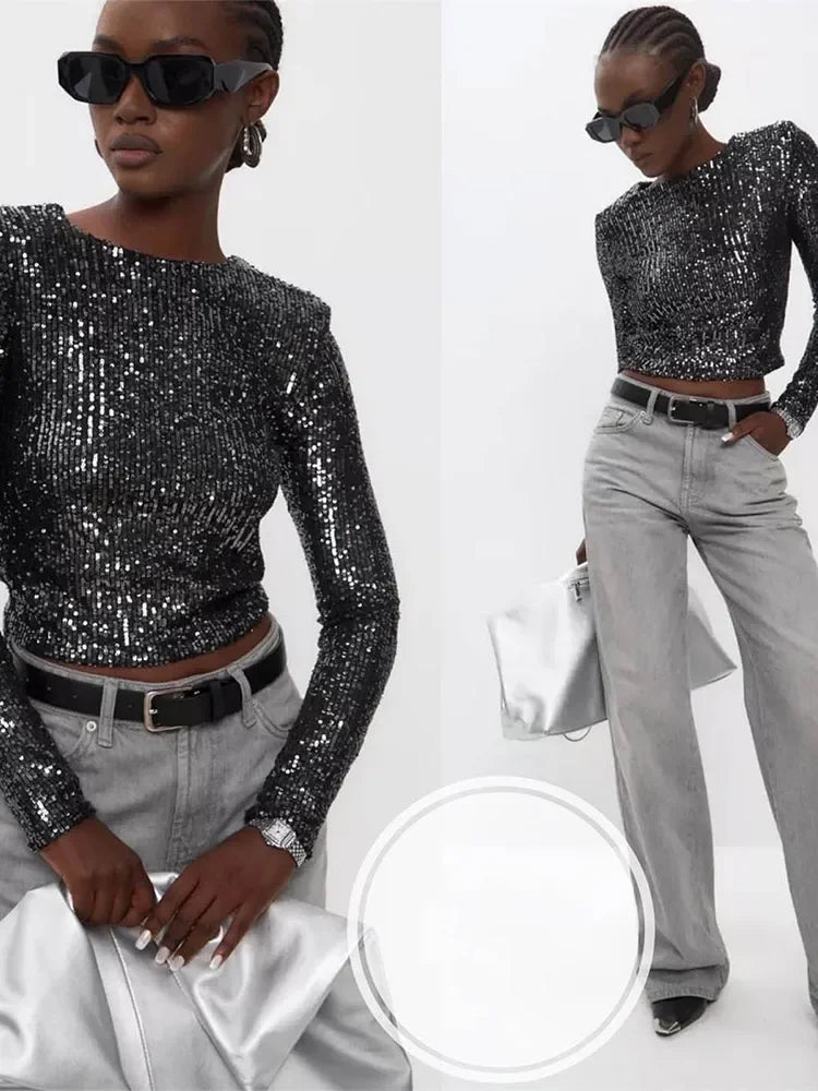 Haut Femme Court Chic à Paillettes Manches Longues 3