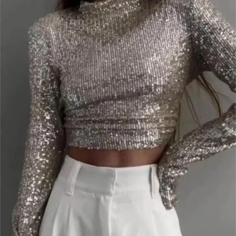 Haut Femme Court Chic à Paillettes Manches Longues 6