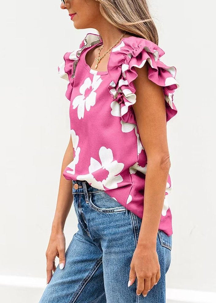 Haut Femme Imprimé Rose Manches Papillon Col U Chic 2