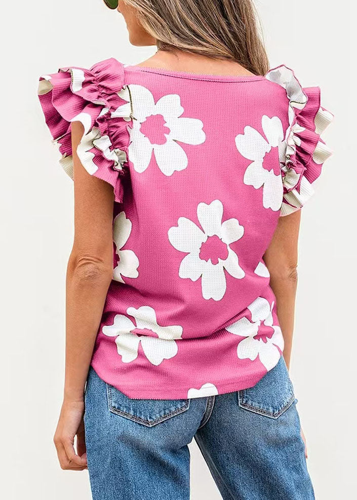 Haut Femme Imprimé Rose Manches Papillon Col U Chic 3