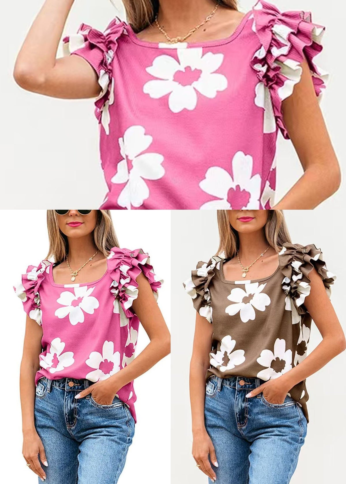 Haut Femme Imprimé Rose Manches Papillon Col U Chic 4